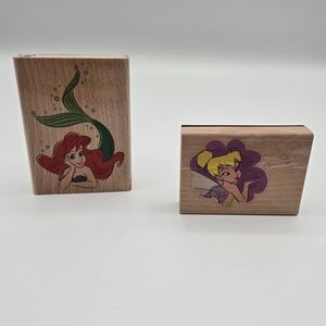 Bundle Of 2 Disney Wooden Rubber Stamps The Little Mermaid Ariel & Tinkerbell